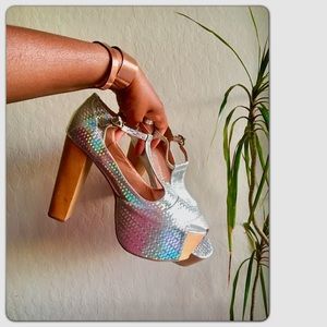 Jeffrey Campbell foxy hologram wood platform heels